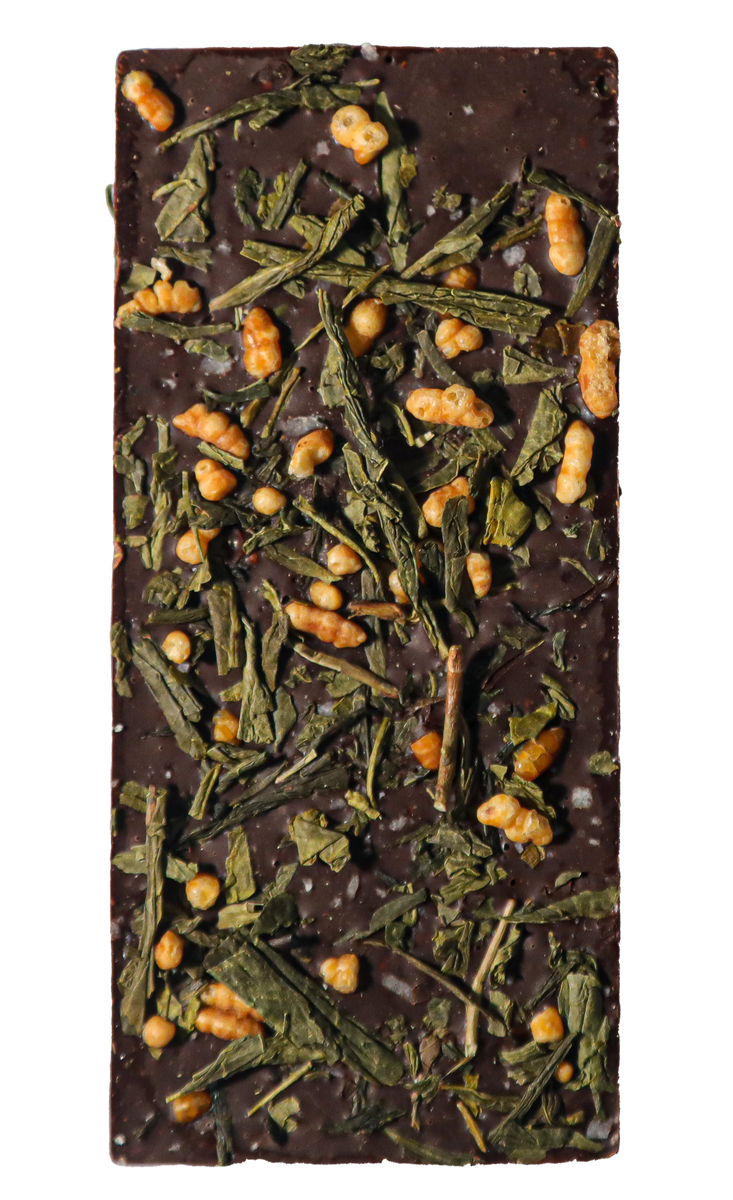 Genmaicha Hazelnut | Belgian Dark Chocolate Bar with Tea – Open
