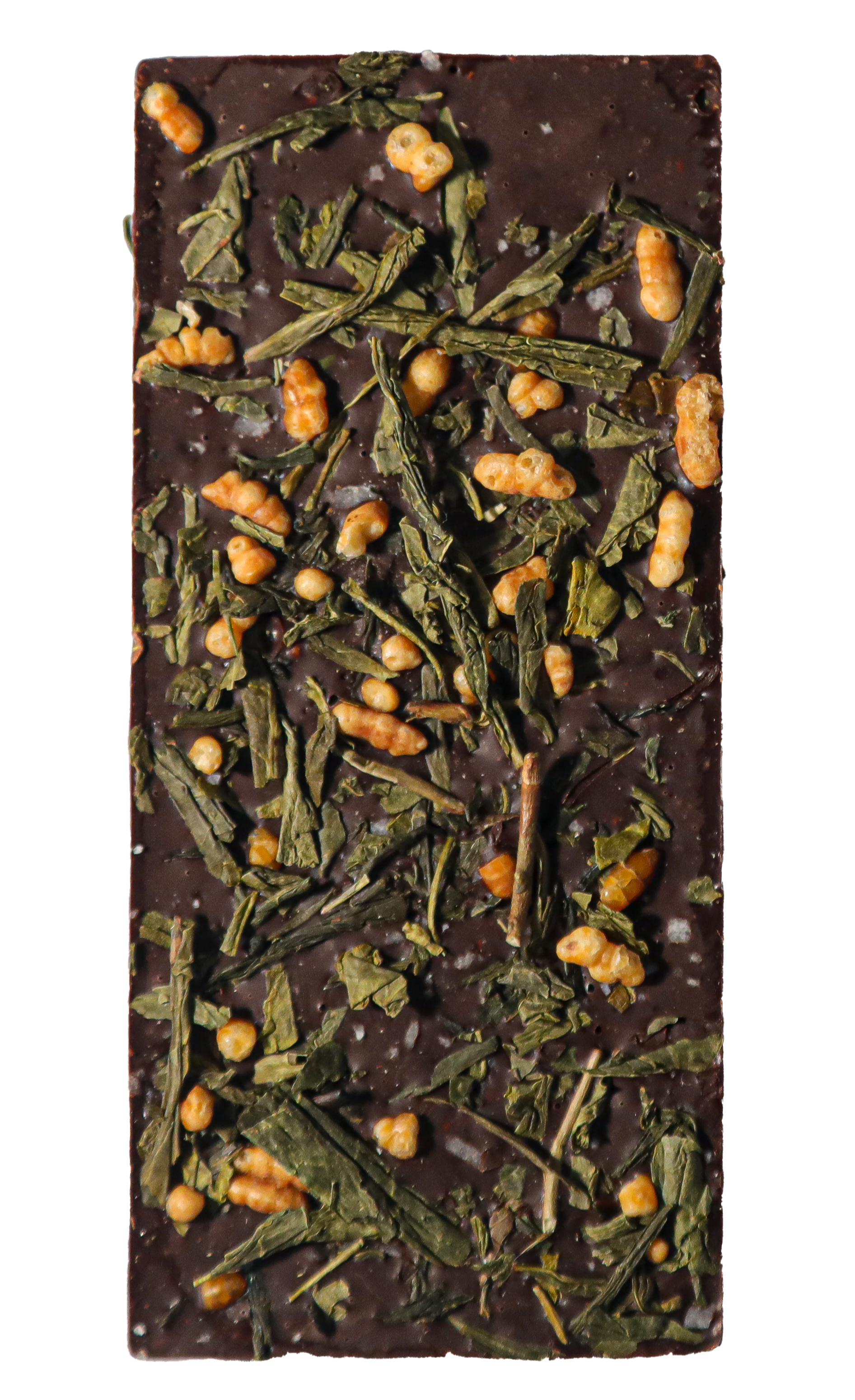 Genmaicha Hazelnut | Belgian Dark Chocolate Bar with Tea – Open